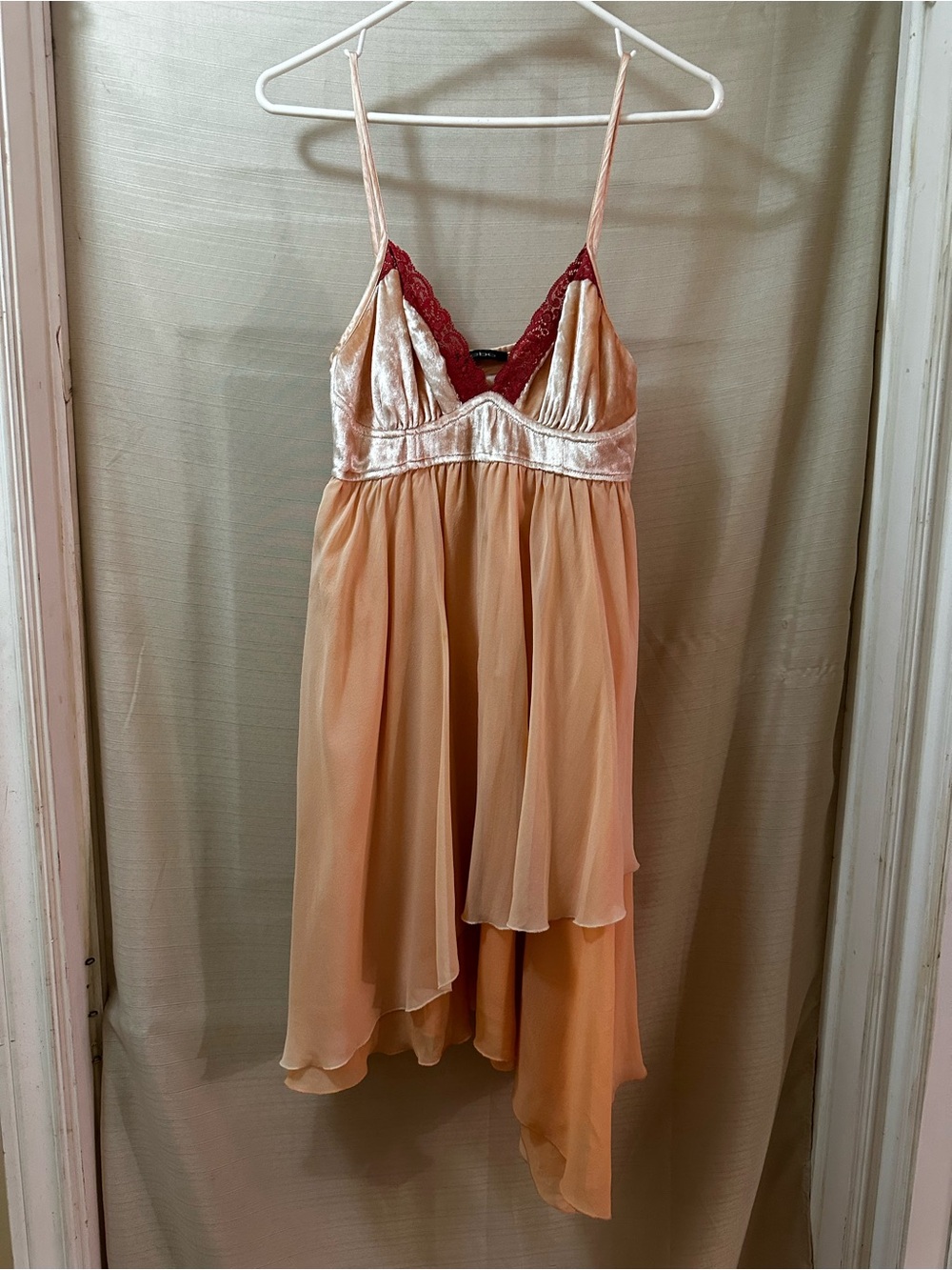 Vintage Y2K Bebe Peach Silk Babydoll Layered Dress Velvet Fairy Asymmetrical